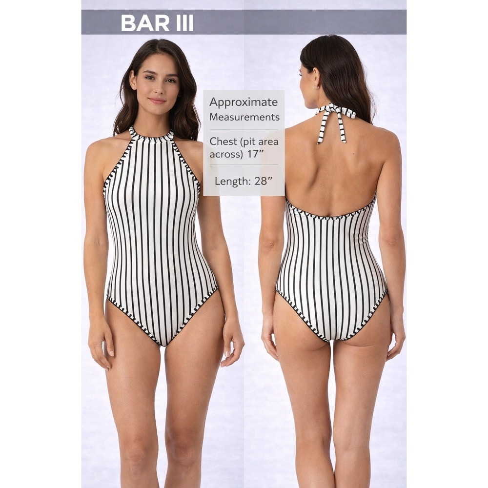 Bar III Womens Striped One PieceSwimsuit Size Medium BlackWhit Whipstitch Halter
